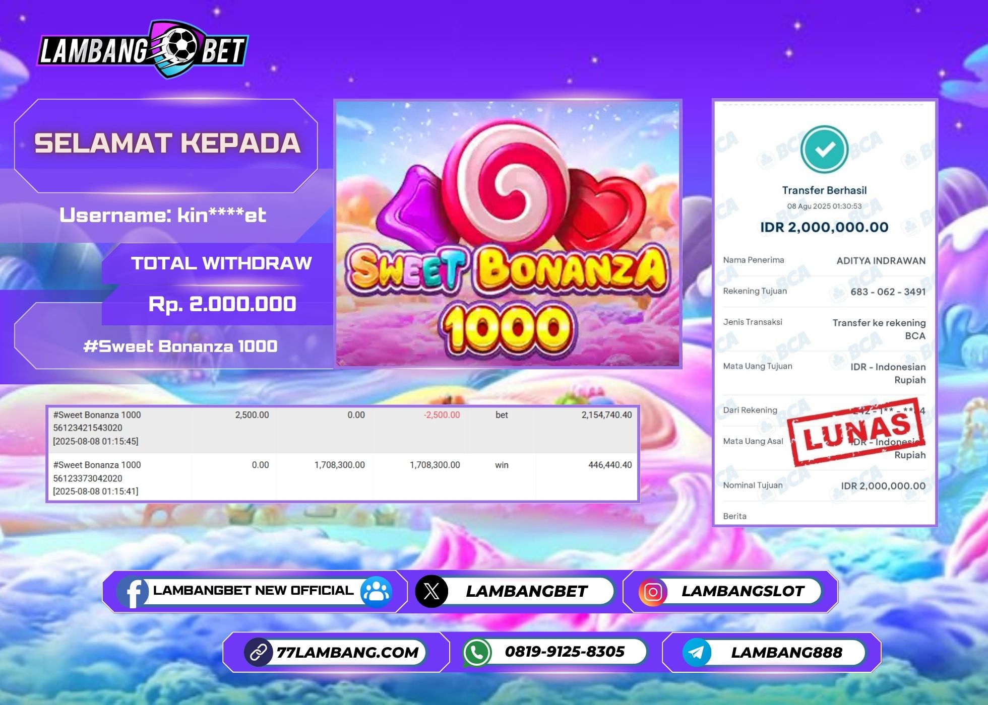 LAMBANGBET [8 AUGUST 2025] JACKPOT SLOT Sweet Bonanza 1000 "Rp2.000.000" LUNAS